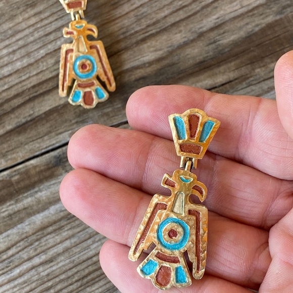 VTG 1970s Trifari Dangle Earrings Southwestern Style Thunderbird - Picture 1 of 8